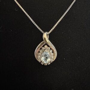 Sterling Silver Blue Topaz Teardrop Pendant Necklace - 18” Italy 925 Box Chain